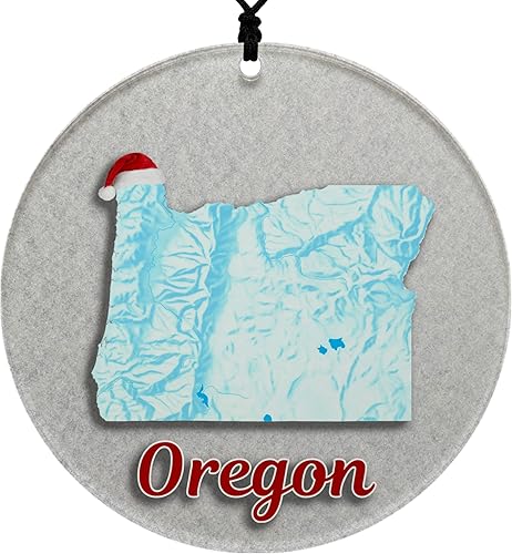 Oregon - Adorno de Navidad Tema de invierno con nieve, mapa del terreno estatal y gorra de Santa Decoración de disco acrílico colgante 2025 para