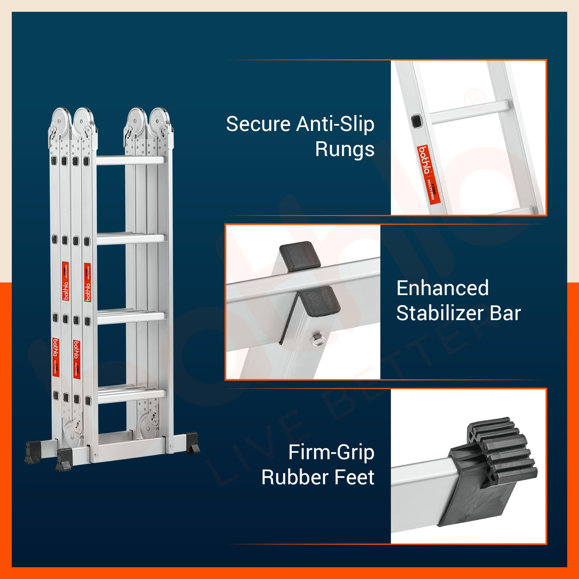 Bathla X-Tend 15 Ft Aluminium Multipurpose Foldable Step Ladder | Portable & Compact Folding Design | 150 Kg Load Capacity | 2-Year Warranty | for Home & Industrial Use | (4.5 m 16 Step) — Amazon image 7