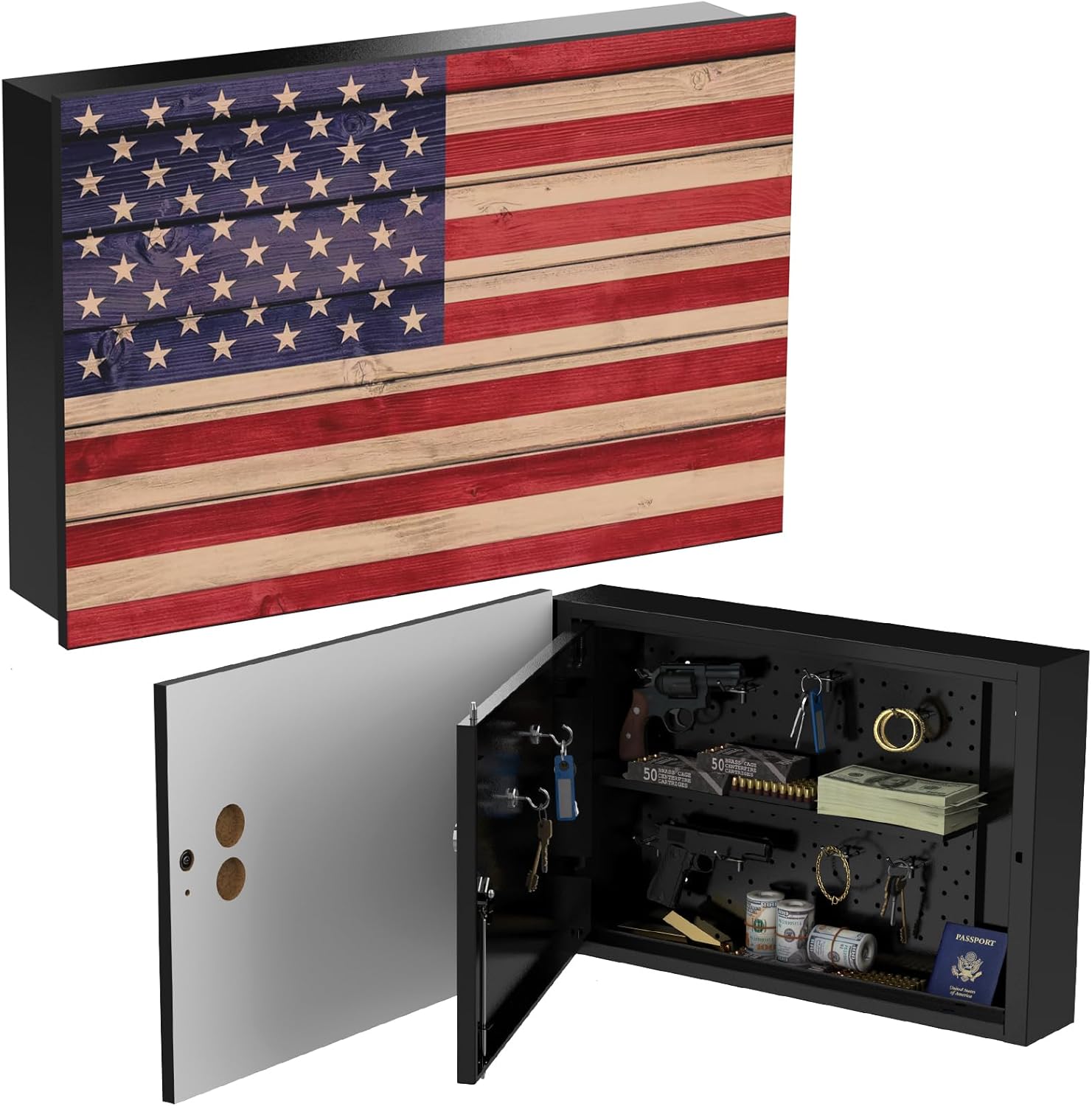 in-Wall Gun Safe with Key Lock, Between Studs Wall Cabinet Fits 24-Inch Stud Spacing, Magnetic Hooks & Removable Shelf, Anti-Theft Locking Rod, American Flag Concealed Storage