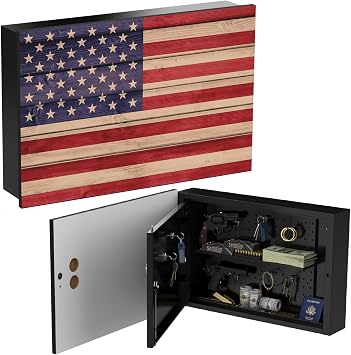 in-Wall Gun Safe with Key Lock, Between Studs Wall Cabinet Fits 24-Inch Stud Spacing, Magnetic Hooks & Removable Shelf, Anti-Theft Locking Rod, American Flag Concealed Storage