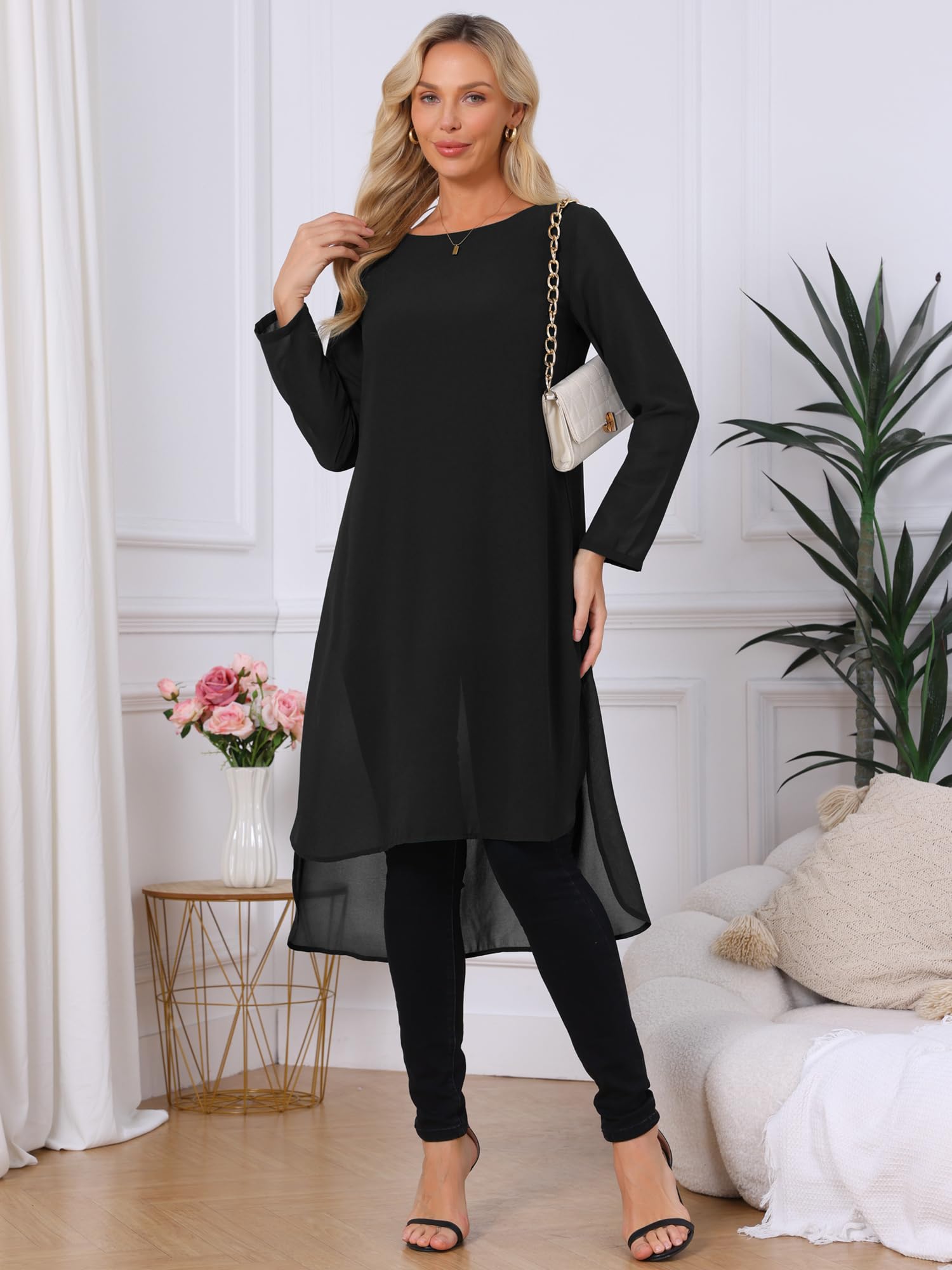 Seta T Camicetta da donna in chiffon, con scollo rotondo, asimmetrica, a maniche lunghe, con spacco laterale, casual