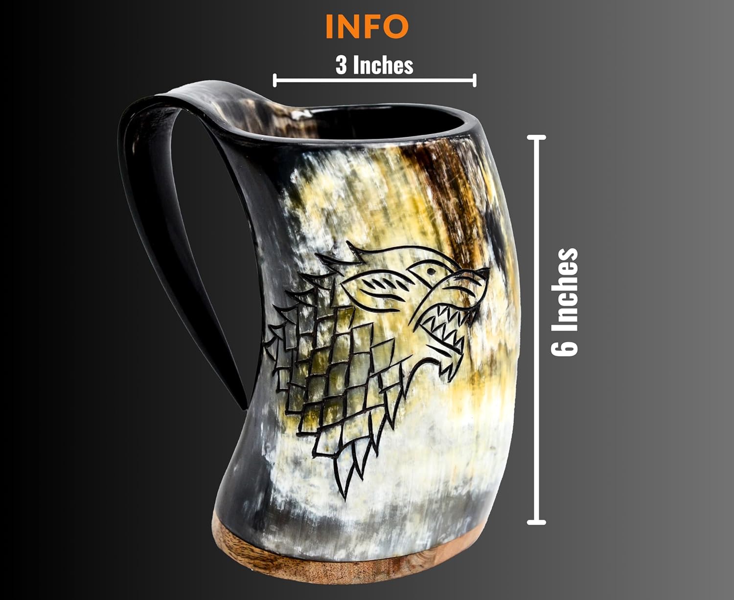 Viking Drinking Fenrir Engraving Horn Mug,16-20oz | The Ultimate Unique Handmade Ox horn Mug for Cold Drinks - 100% food safe. Vikings Horn cups (Roaring Fenrir - Polished) - Image 4