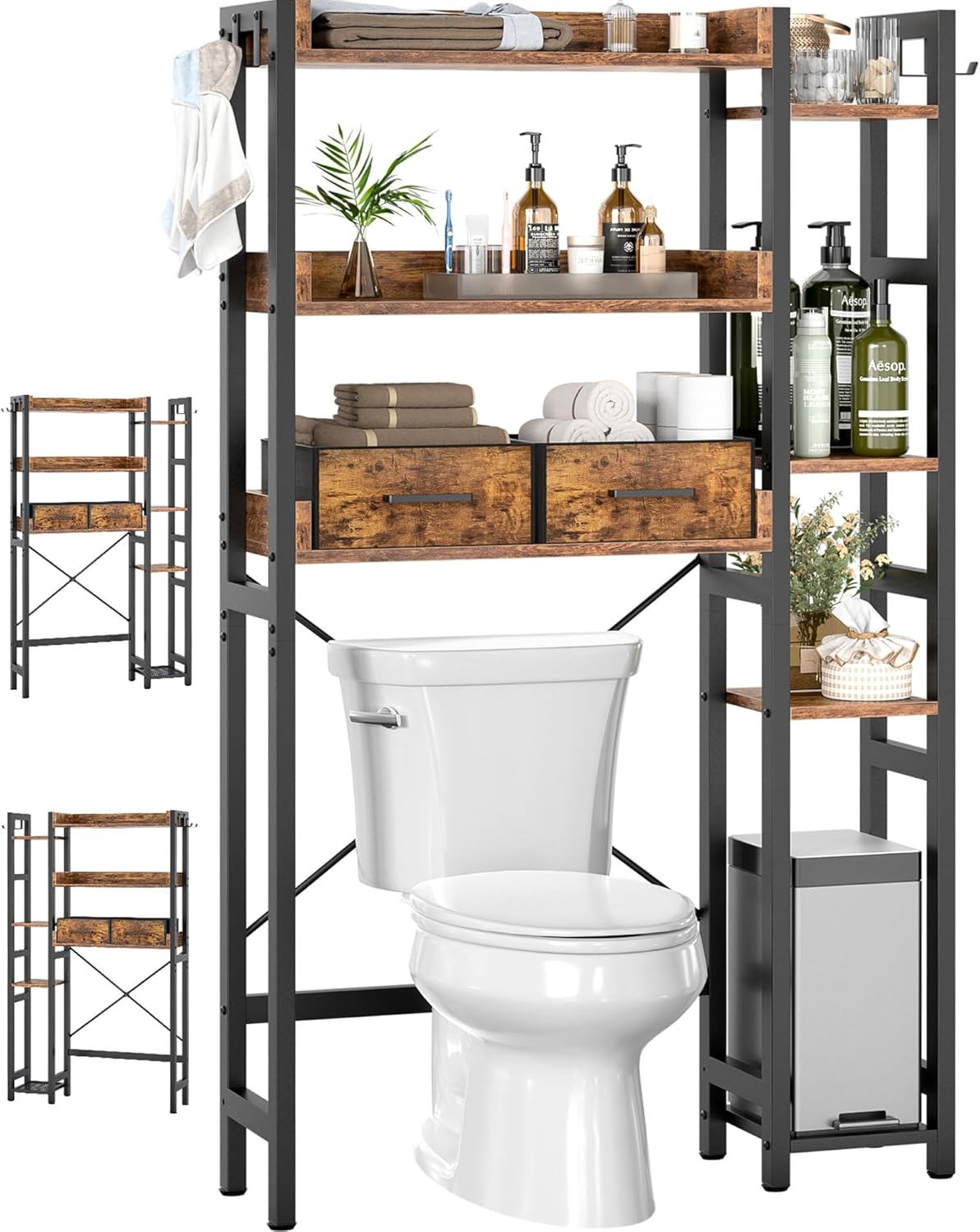 Besiost Over the Toilet Storage: 7-Tier Bathroom Organizer with 2 Drawers, Adjustable Shelves & 4 Hooks, Rustic Brown Space Saver