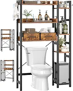 Over The Toilet Storage with 2 Drawers - 7 Tier Bathroom Organizer with Adjustable Shelf, Freestanding Space Saver Storage Rack Above Toilet Stand with 4 Hooks for Restroom, Laundry, Rustic Brown