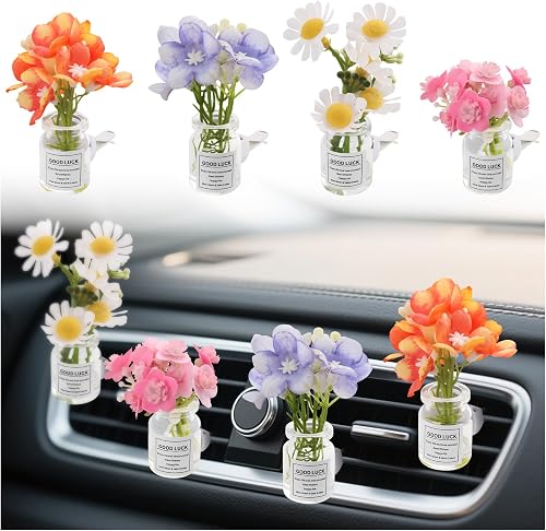 4PCS Cute Flowers Car Vent Clips,Artificial Flower Air Vent Clips | Cars Vents Decor with Glass Vase,Personalized Cars Accessories Interior,as Gifts for Women
