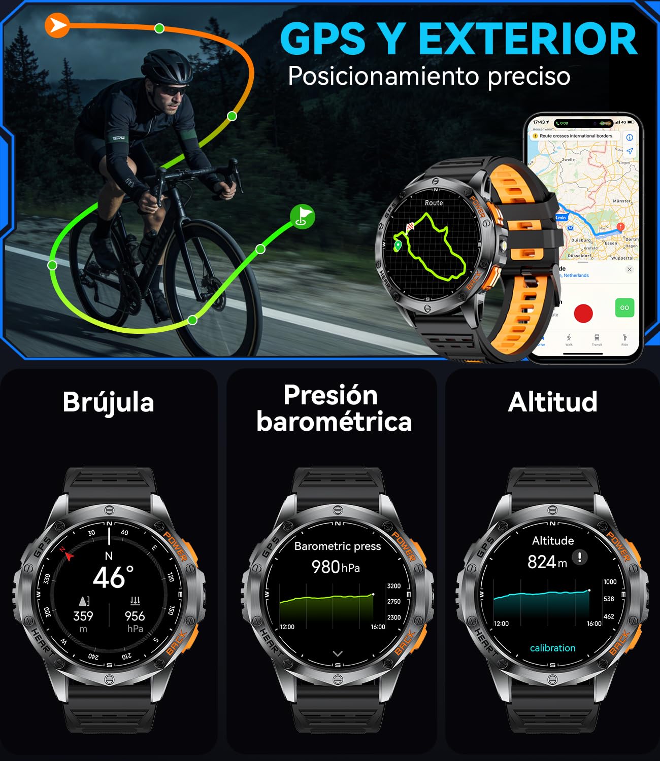 LIGE Reloj Inteligente Hombre con GPS, Brújula/Altitud/Barómetro, Linterna, Pantalla AMOLED 1,43", Batería de 20 Días, 5ATM, Llamadas Bluetooth y Monitor de Salud para Android e iOS,DM1-H