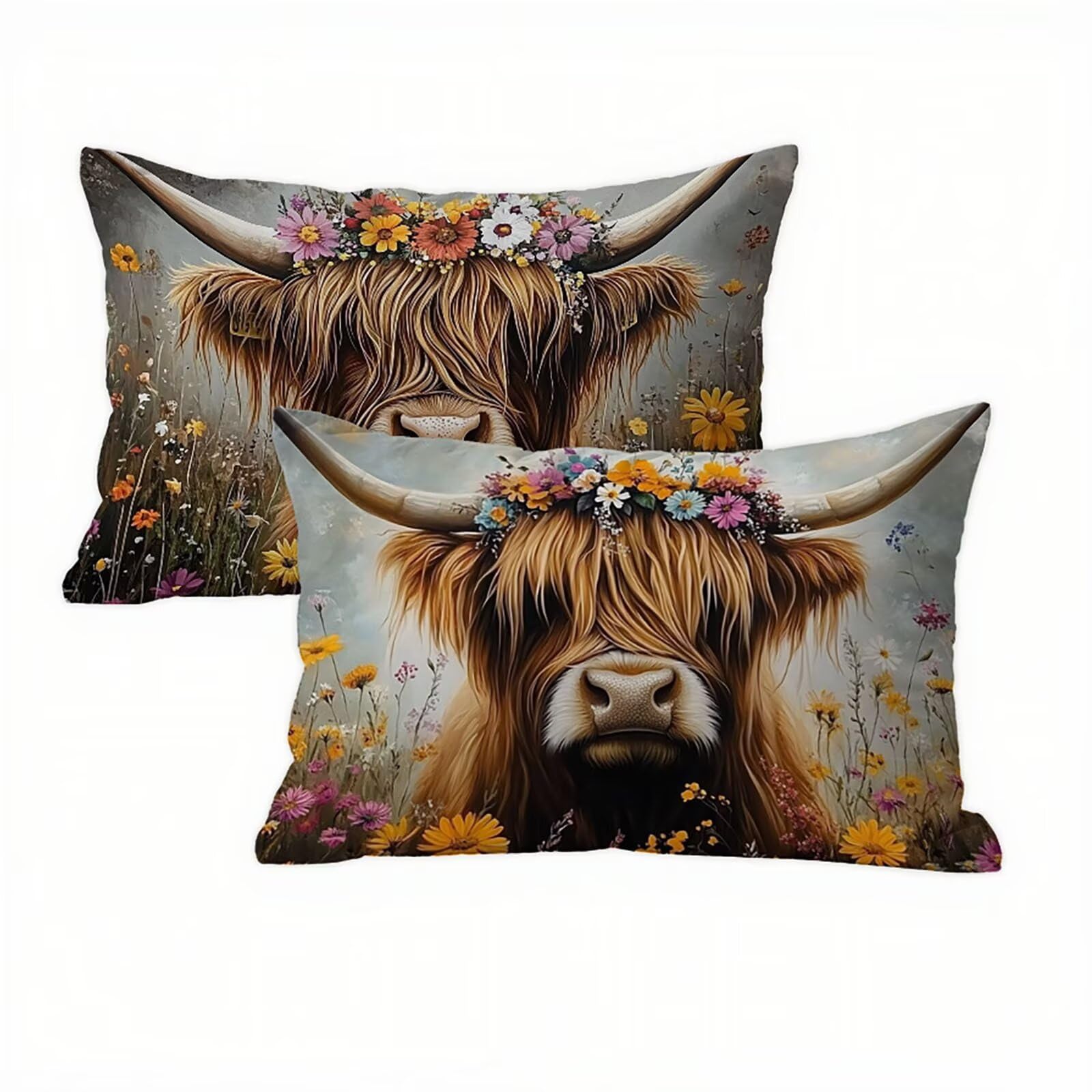 Highland Cows Cushion Covers 30 x 50 Velvet Brown Cushions Waterproof, Soft Comfort Outdoor Garden Cushions, Decorative Throw Pillowcases for Sofa, Bed - Set of 2 Pillow Covers, Ideal Home Decor K2-63
