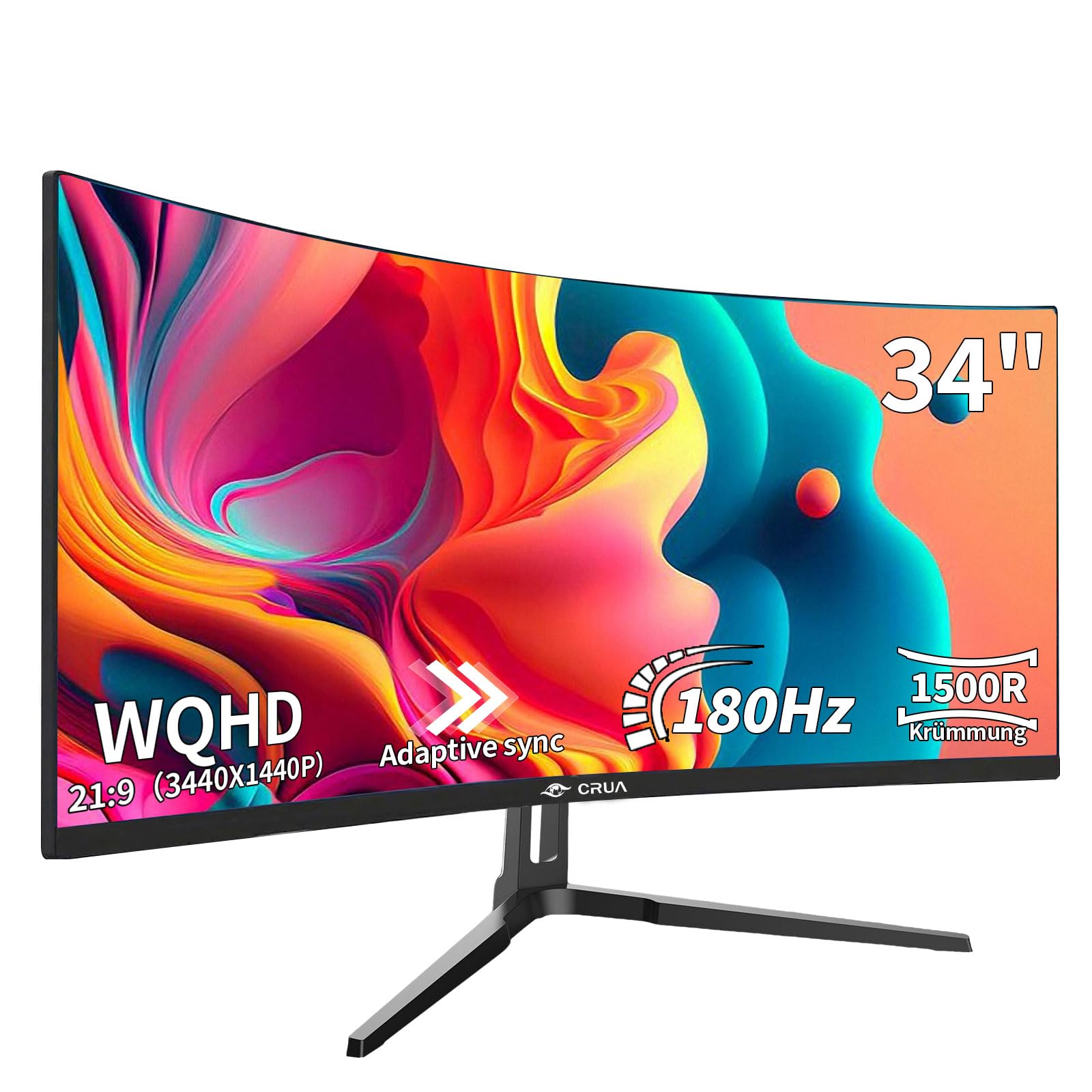CRUA 34 Inch Curved Gaming Monitor, 21:9 WQHD 3440x1440 165/180Hz 1500R Ultrawide Computer Monitor Support Freesync,PBP, HDMI 2.0 & DP 1.4, Wall Mountable/Tilt Adjustable-Black