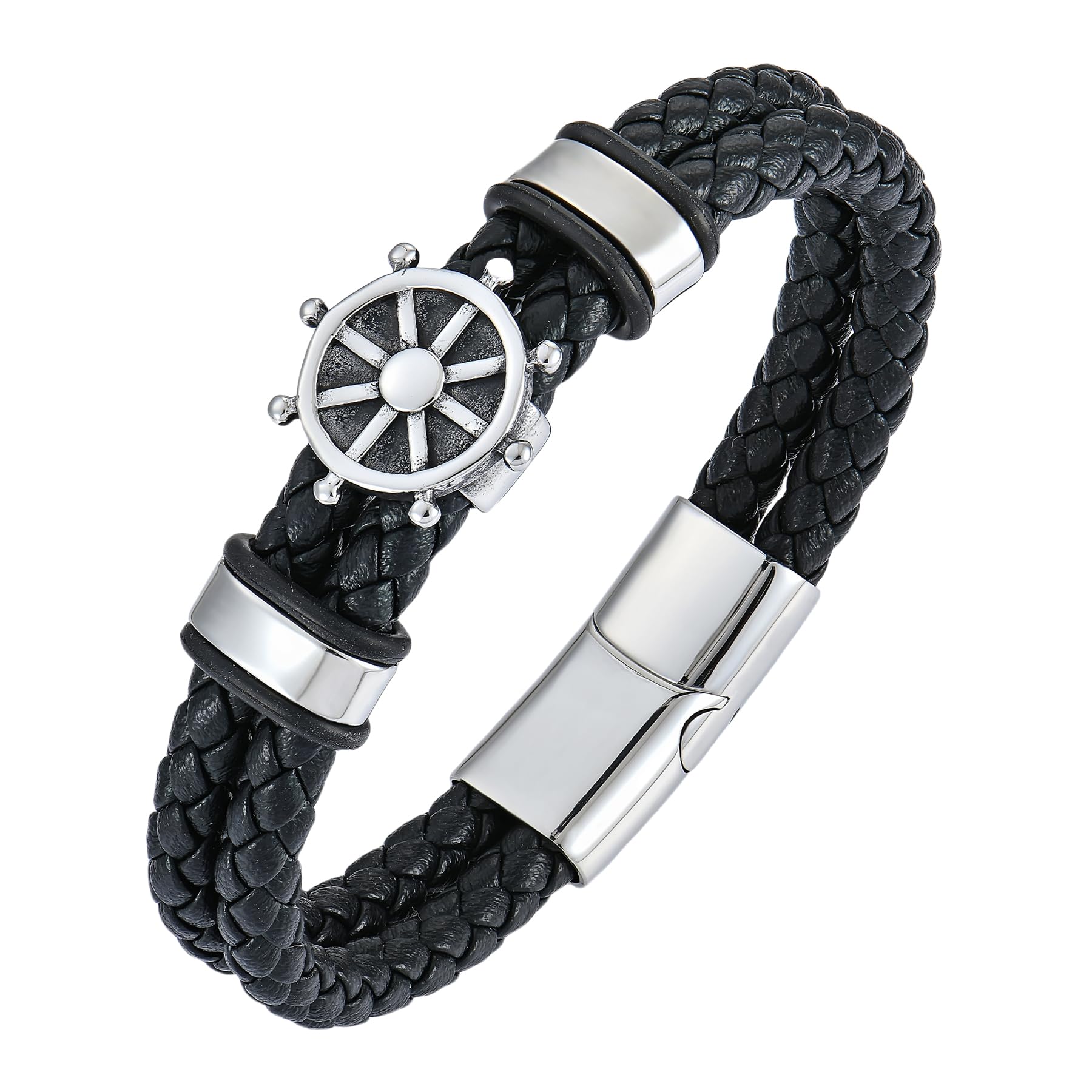 YL Mens Cross Viking Leather Bracelet, Silver/Gold/Black Stainless Steel Celtic Knot Christian Compass Ankh Black/Brown Cuff Religious Handcrafted Jewelry Gifts