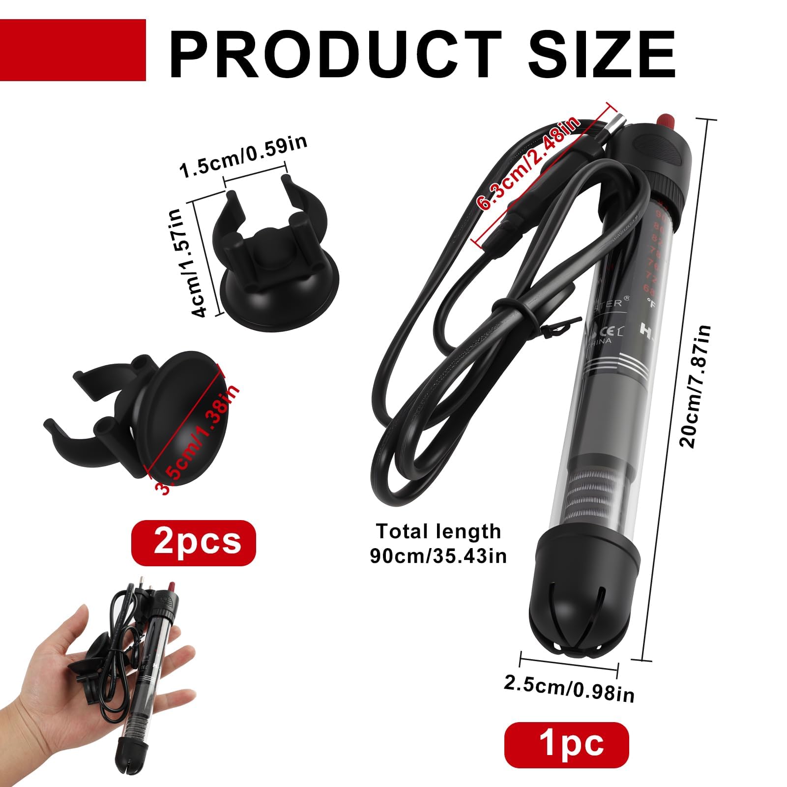 Puissant Chauffage d’Aquarium Submersible 50W avec Thermostat Réglable 20-34℃ pour Poissons et Tortues, Compact et Sécurisé avec Ventouse, Verre de Quartz Résistant pour Réservoirs 10L à 60L