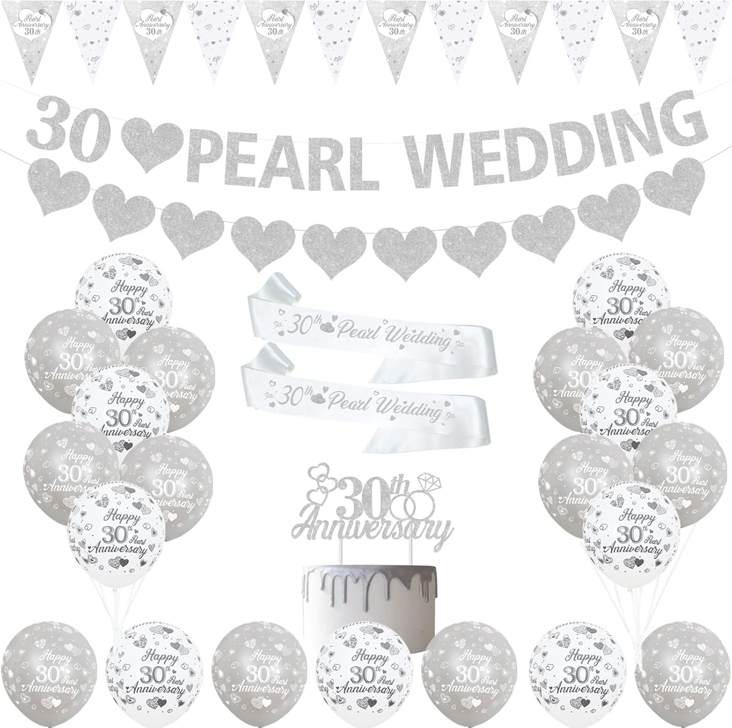 Pearl Wedding Anniversary Decorations - 30th Silver Balloons, Banner, Heart Rings, Cake Topper, Satin Sash for Couple's Party Supplies