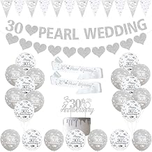 Pearl Wedding Anniversary Decorations - 30th Silver Balloons, Banner, Heart Rings, Cake Topper, Satin Sash for Couple's Party Supplies