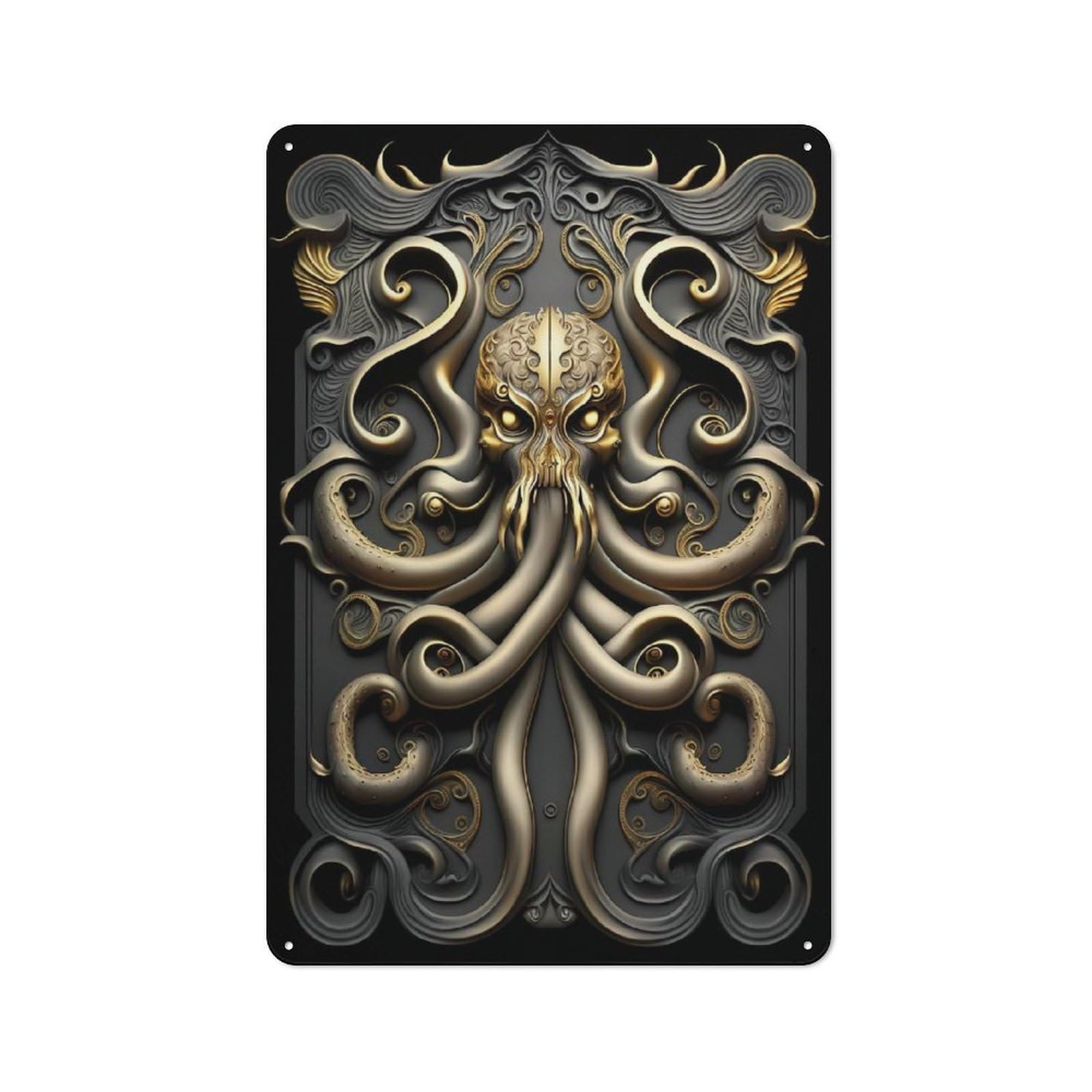 Junmoney Style-23 Golden Kraken Cthulhu Vintage Tin Wall Plaque 30X20cm For Hobby Room Or Studio, A Decorative Metal Sign For Hobby Rooms And Studios