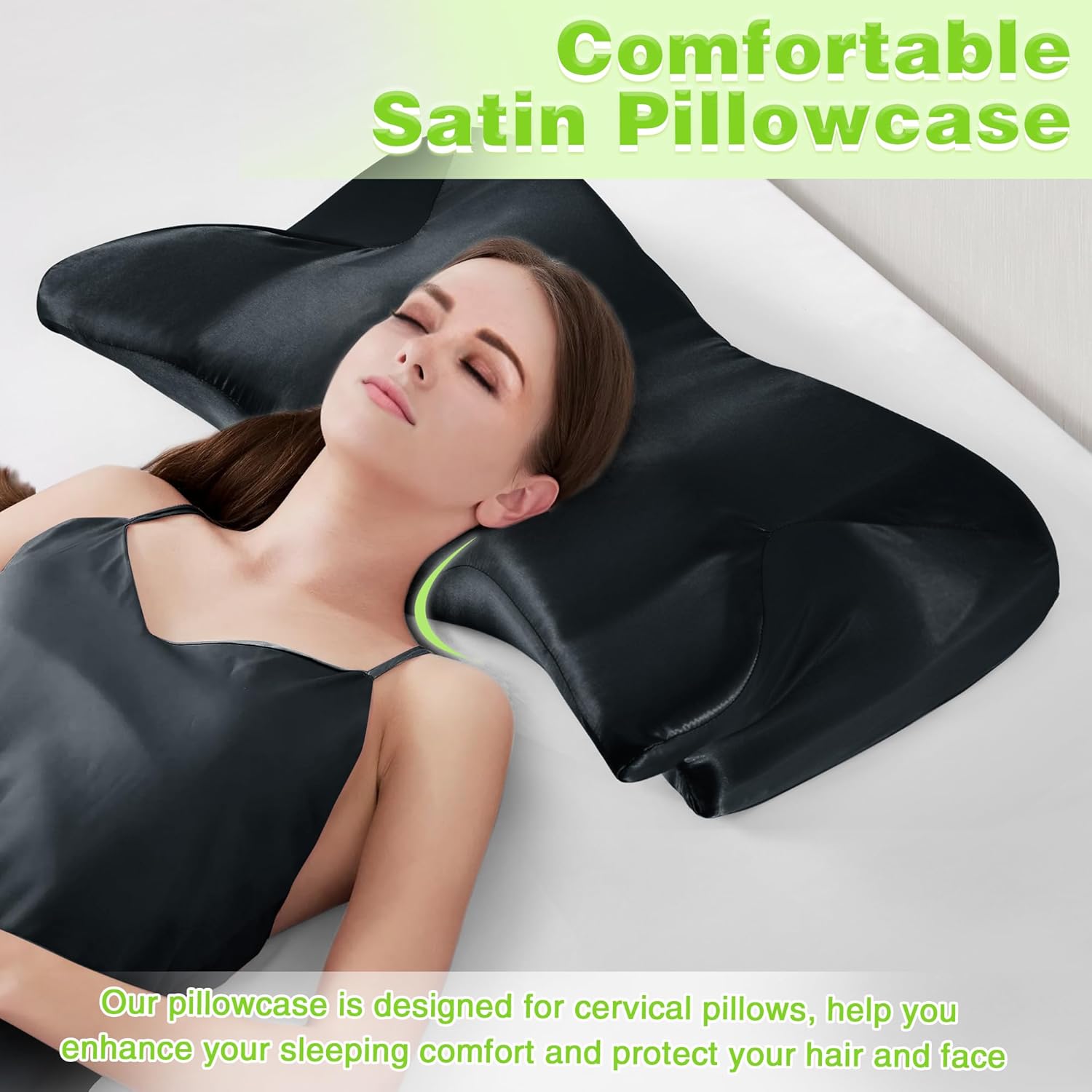 2 Pcs Satin Pillowcase for Cervical Pillow, Black Silky Cervical Pillow Case Contour Pillow Case Cover with Zipper, Smooth Ergonomic Pillowcase for Neck Pillow Cover