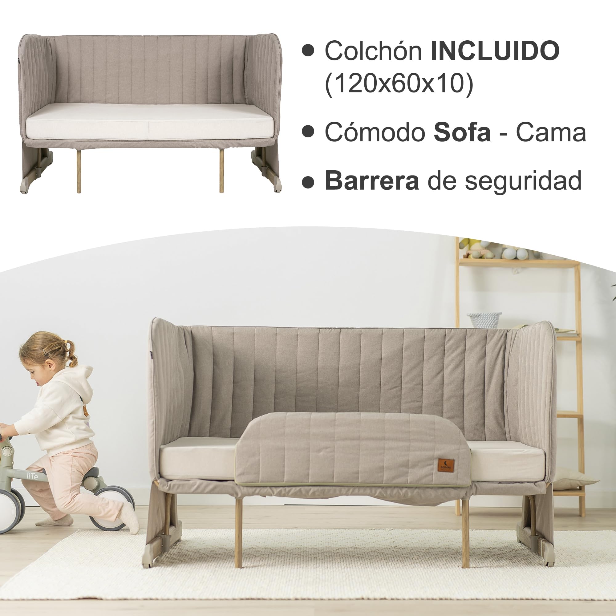 Olmitos – Cuna Bebe multifunción Colecho 4 en 1 Cama Infantil SOMNI evolutiva – Minicuna Convertible y Parque de Juegos 2 Niveles – Sofa Infantil Colchón viscoelástico 15cm con Barrera (Beige)