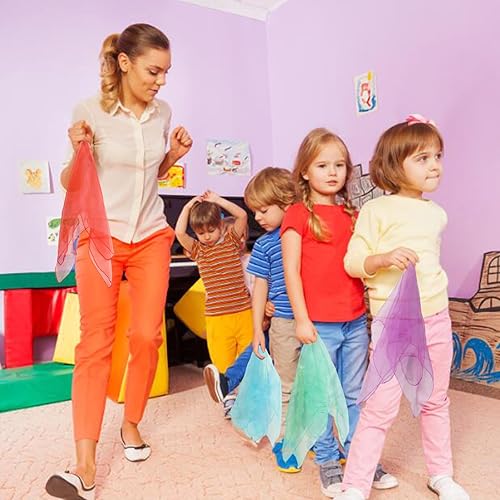 Miniatura 10 de KIMOBER 12 bufandas cuadradas de baile, 12 colores malabares de seda, trucos de magia de música, accesorios para niños pequeños (24 x 24 pulgadas)