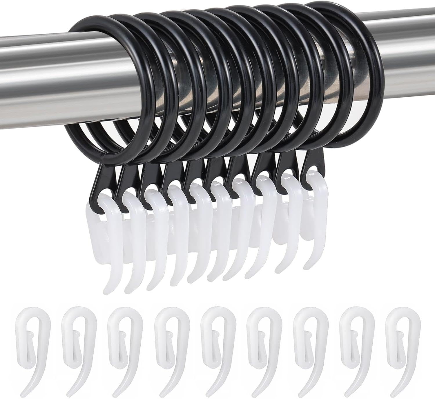 20 Pack Metal Curtain Rings with Plastic Hooks, 30mm Metal Drapery Hanging Rings & 20pcs Curtain Hooks Plastic White for Curtains and Rods, Drape Sliding Eyelet Rings (20, black)