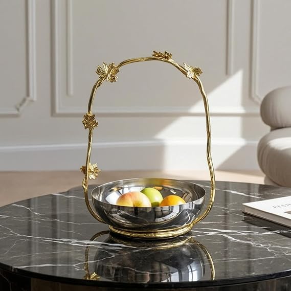 Fruit Tray with Metal Frame Botanical Decorative Platter with Branch Handle Modern Deluxe Fruit Serving Tray for Living Room, 20 20 33CM