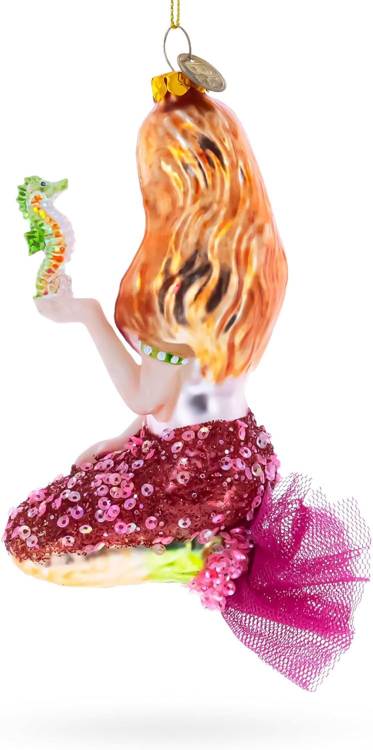 Mermaid with Seahorse Glass Christmas Ornament - Image 3