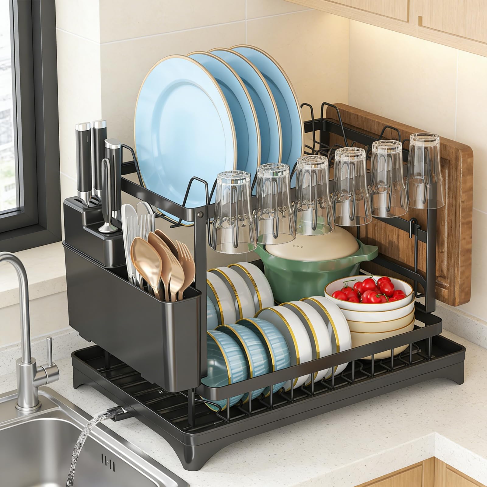 MIMOCASA Escurreplatos sobre Fregadero, Escurreplatos Acero Inoxidable de 2 Niveles Gran, Escurridor de Platos con Desagüe Soporte para Utensilios y Portavasos, Negro — view 7