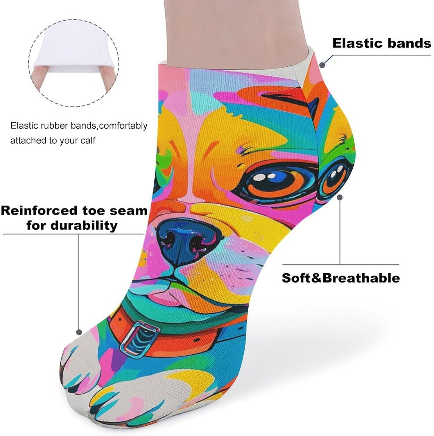 Colorful Dogs 5 Pairs Athletic Socks, Breathable Short Socks