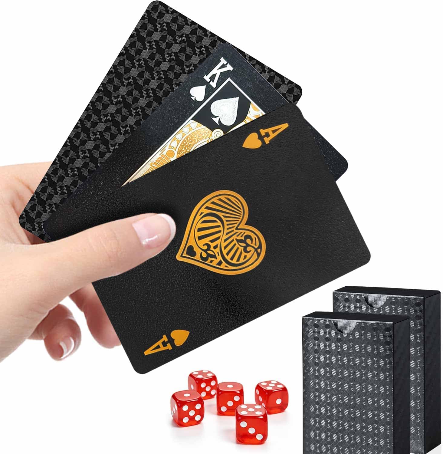 Waterproof Playing Cards 2 Pack, Black Plastic Poker Cards with Diamond Texture, Deck of Cards with 5 Red Dice for Blackjack Canasta Bridge, Outdoor Beach Pool Camping Card Games, Gift Set