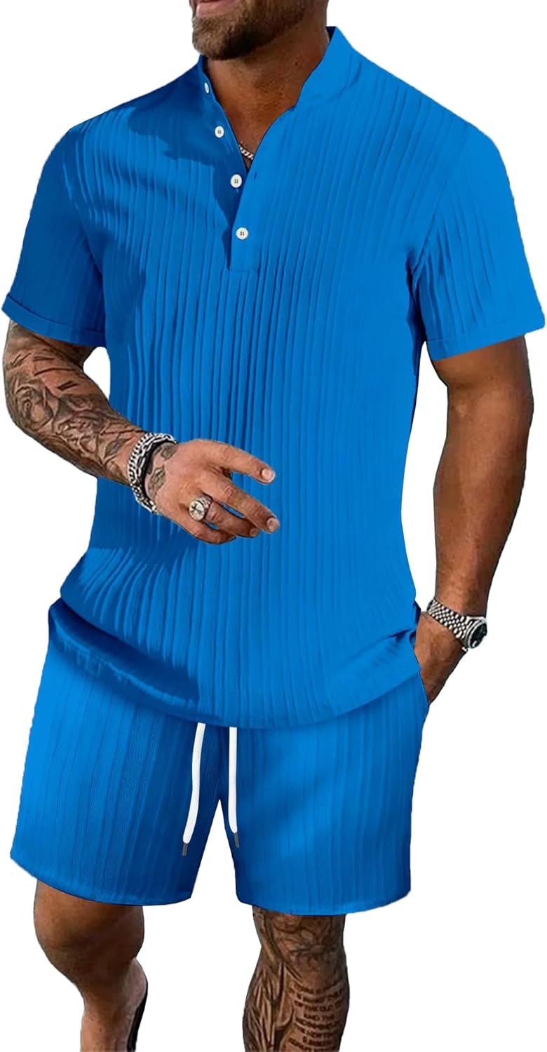 Men’s Summer Beach Outfits 2 Piece Vintage Short Sleeve Henley Shirts and Shorts Vacation Texture Sets for Men