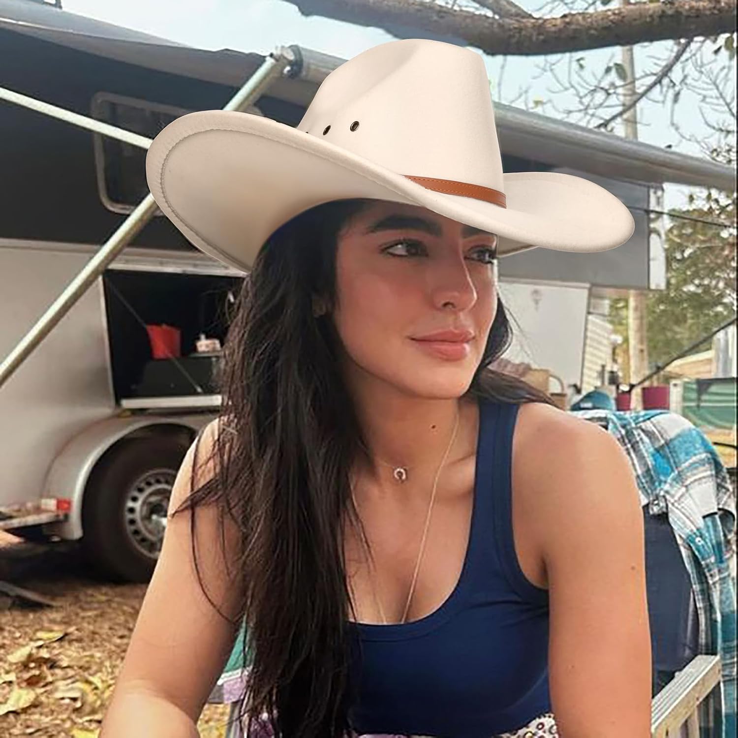 Western Cowboy Hats for Women Classic Felt Wide Brim Fedora Hat with Belt Buckle Retro Panama Hat Unisex Rolled up Cap - Image 5