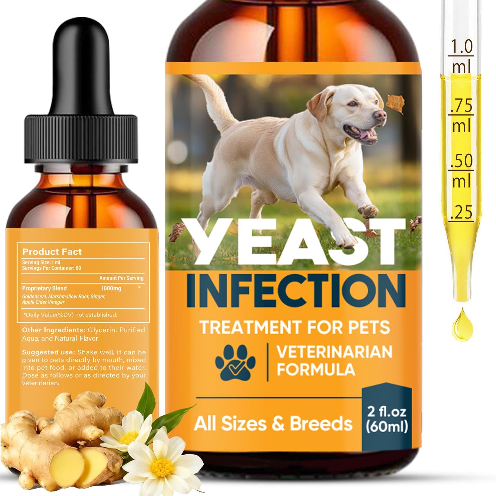 Yeast Infection Treatment for Dogs, 60 ml Dog Yeast Care Drops Ear Support Formula, Relief for Itchy Skin, Ear Infections, Liquid Drops for Dogs & Cats