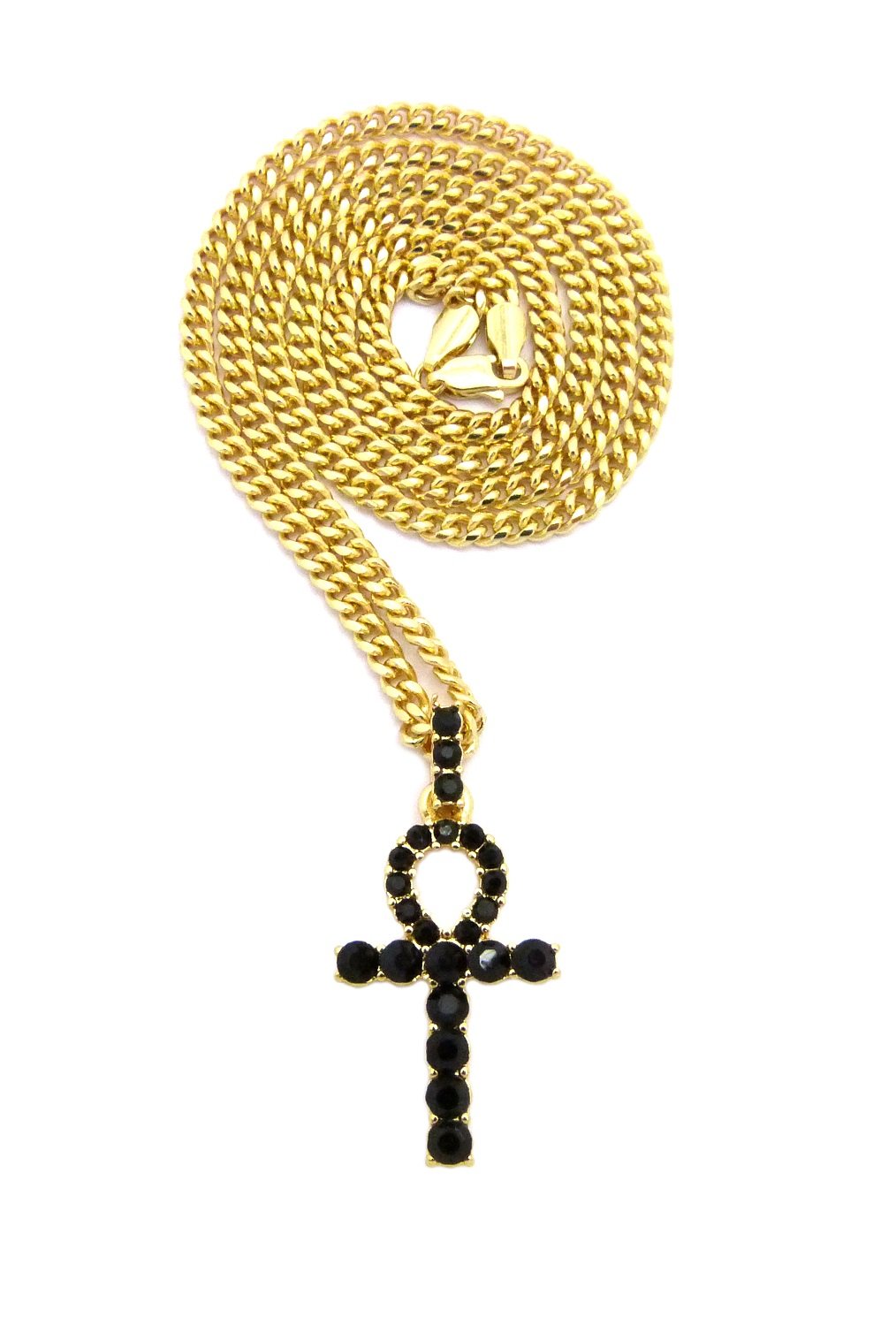 Egyptian Colorful Ankh Cross Pendant 3mm 24" Cuban Chain Necklace in Gold Tone