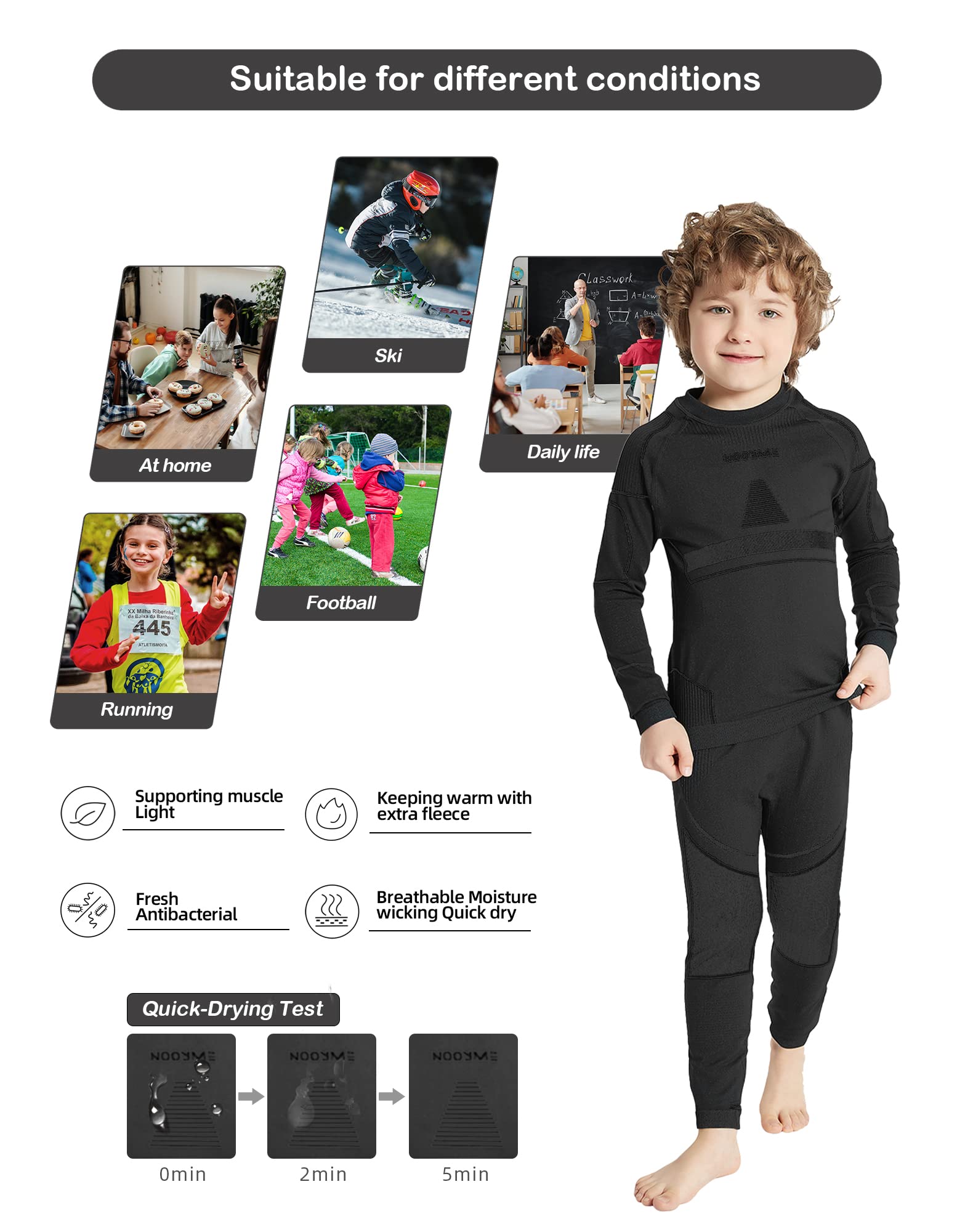 NOOYME Ropa Interior Funcional Ropa Interior de esquí para niños Ropa Interior térmica para niños Ropa Interior Deportiva Transpirable y Agradable para la Piel fútbol para niños