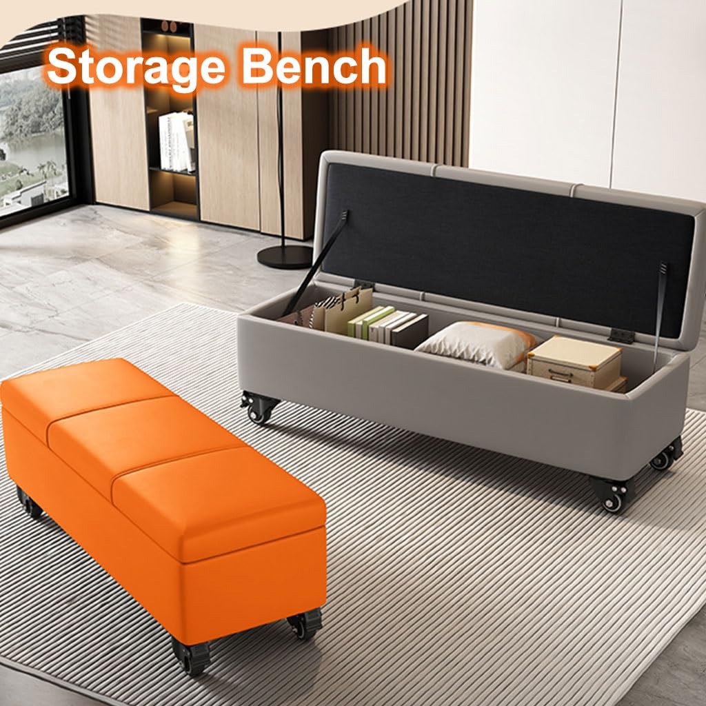 Banc Coffre Ottoman à roulettes - Banc de Bout de lit pour Salon et Chambre - Revêtement en Similicuir - Repose-Pieds élégant - Coffre de Rangement (Orange 80 cm)
