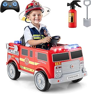 GLACER Ride on Fire Truck, 12V Kids Ride on Toy w/Remote Control, Siren-Call, Megaphone, Extinguisher, Shovel, Flash, Music, Wireless & USB, Battery Powered Fire Engine Kids Car for Toddler 3+, Red