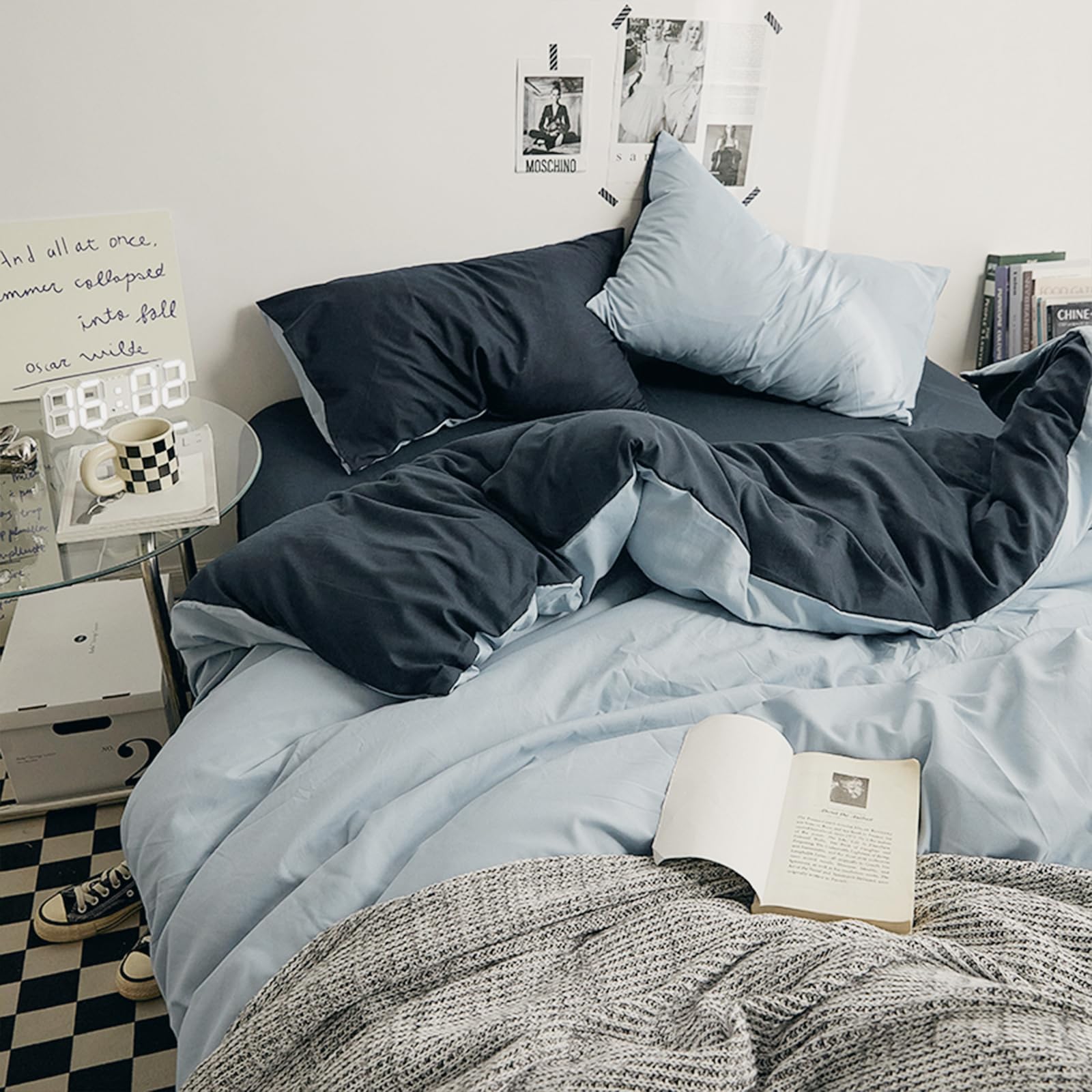 Duvet Cover Set Queen Size 4 Pcs, Include 1 Quilt Cover 200 x 230cm & 2 Pillow Cases 48 x 74cm & 1 Bedsheet 235 x 250cm, Super Soft Washed Cotton Bedding Set, Excluding Cotton - Locke Blue