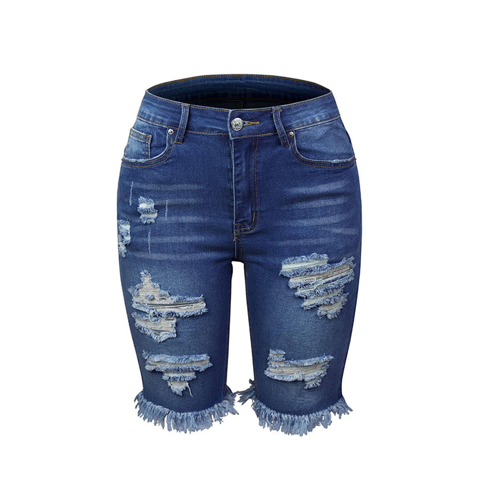 JEKE-DG Women Denim Hem Shorts Jeans High Waist Ripped Hole Distressed Short Jeans Knee Length Stretch Denim Jean Short (XX-Large,Blue01)