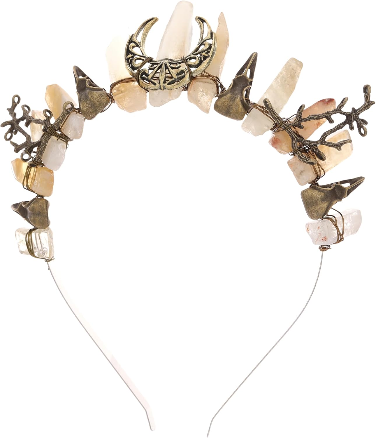 Fairy Crystal Crow Skull Crown - Raw Quartz Witch Tiara with Bronze Moon, Headband for Renaissance Wedding Prom