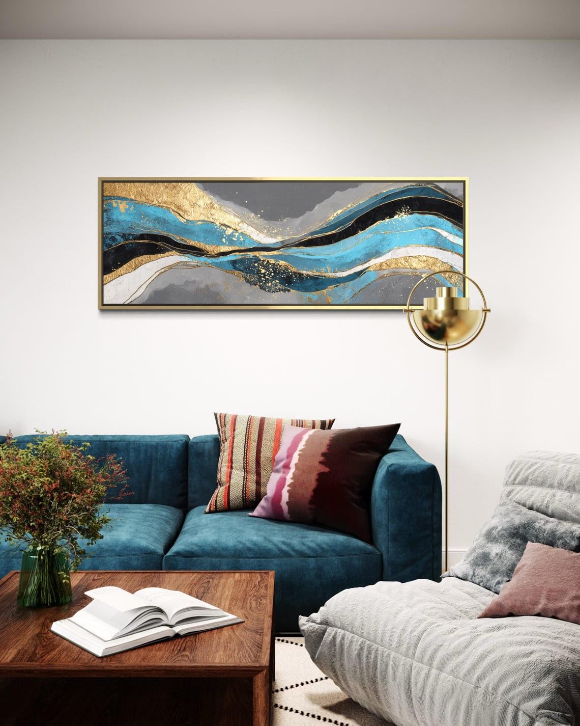 LMYCHENG Streszczenie turkusowe złote odcienie sztuki artystycznej obraz nowoczesny minimalistyczny obraz na płótnie fale poziome plakaty sztuki współczesnej (65 x 195 cm / wewnętrzna rama)