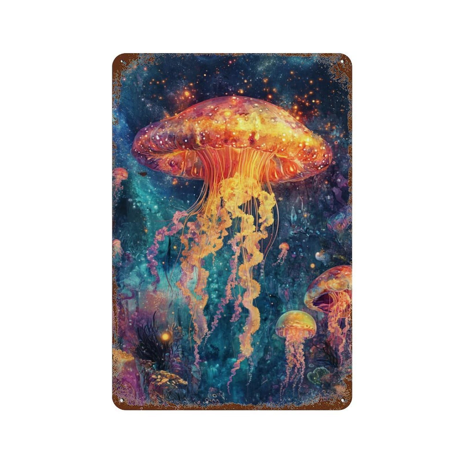 Rusty Metal Tin Sign Underwater Jellyfish Paradise 11.8"x7.9", Vintage Wall Decor for Shed, Workshop And Garage Wall Decor