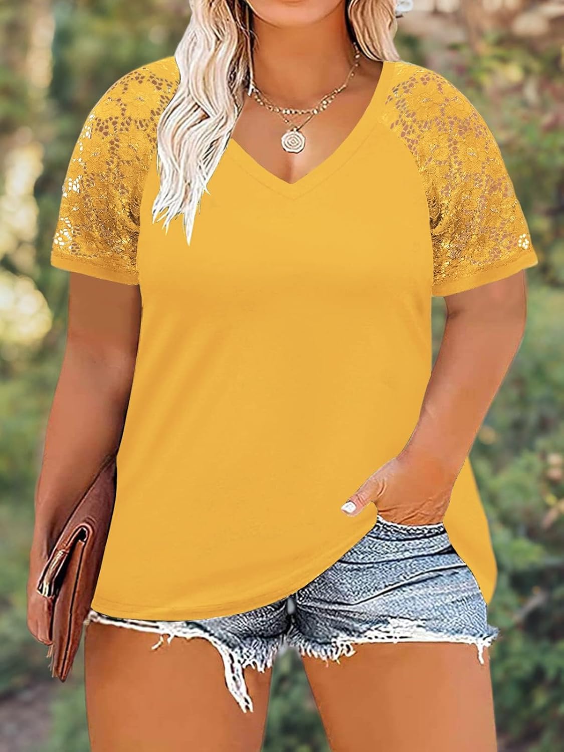 DOLNINE Plus-Size-Tops for Women Summer V Neck Casual Shirts Lace Short Sleeve Tees - Image 5