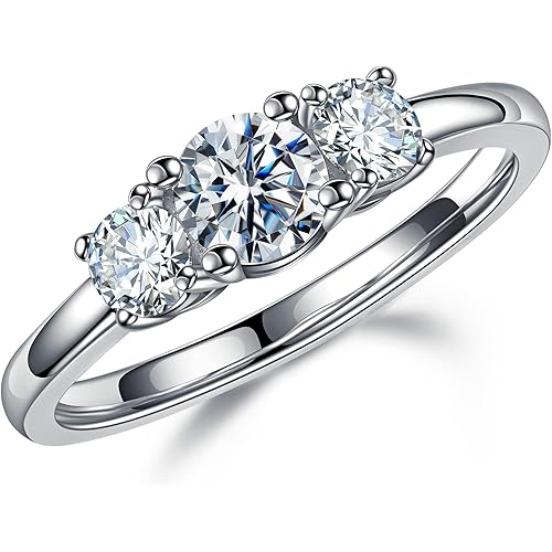 MOOSEA 3 Stone Moissanite Engagement Ring, 1ct tw D Color VVS1 Clarity, 14K White Gold, for Women Anniversary Jewelry Gift