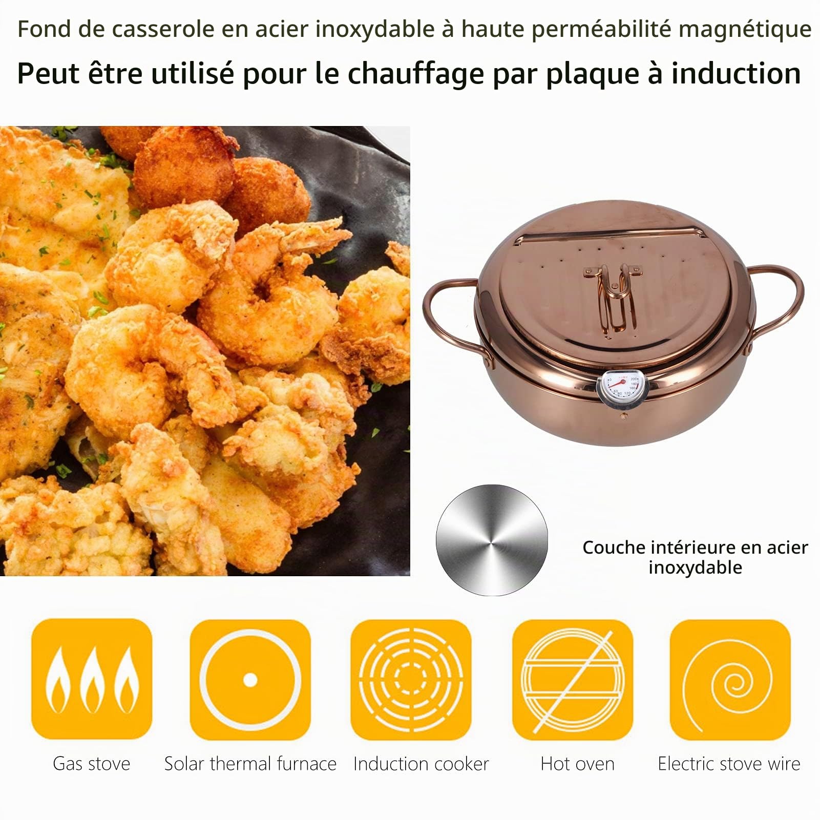 Friteuse Tempura, Marmite à Frire Japonaise Petite Friteuse en Acier Inoxydable avec Thermomètre 3.4L Marmite de Friture Profonde Antiadhésive Accessoire de Batterie de Cuisine(Or rose)