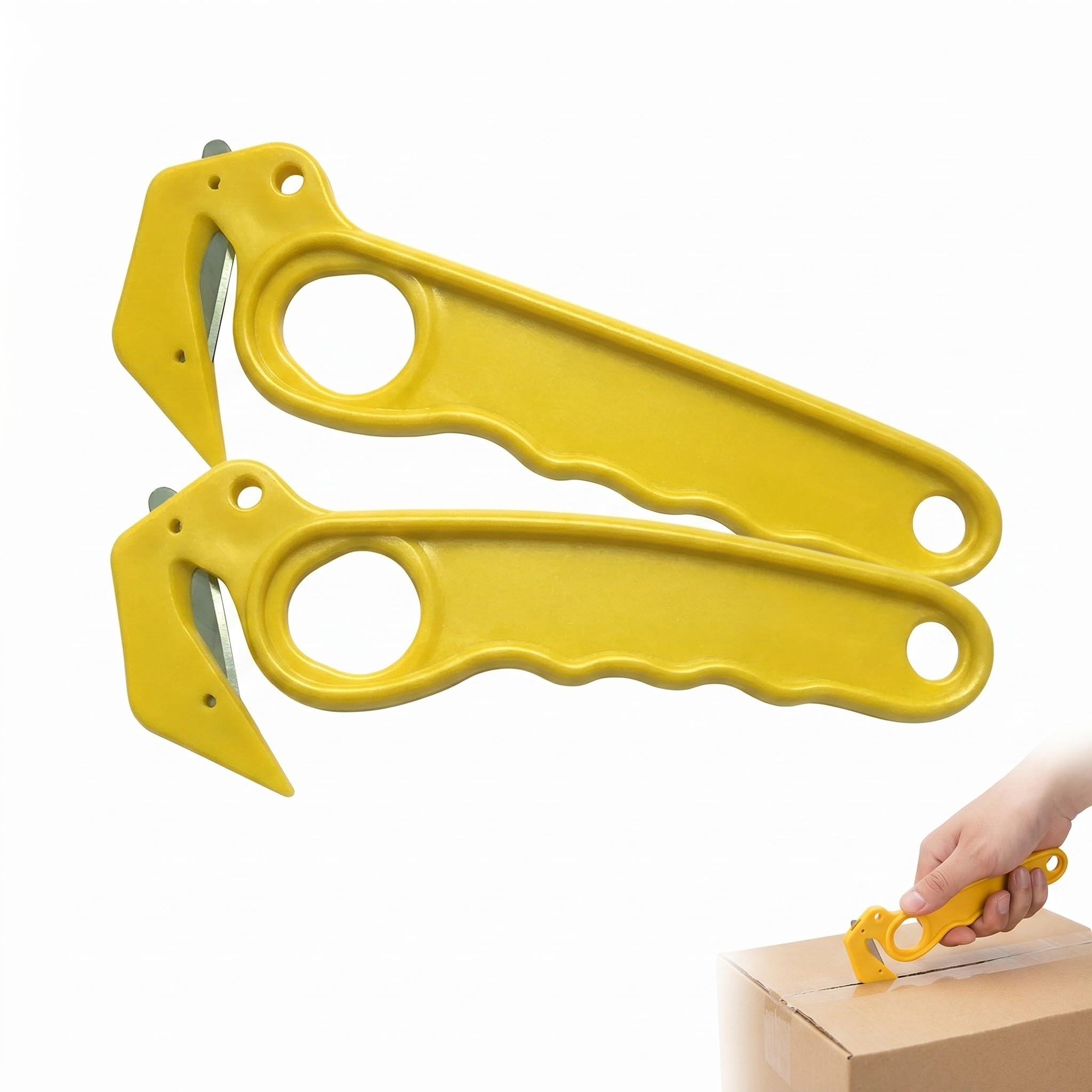 2 Piezas Cutter de Seguridad, Abridor de Cajas Portátil para Almacén y Oficina, Cuchillo para Cartón, Plástico y Film, Herramienta de Corte Profesional, Color Amarillo