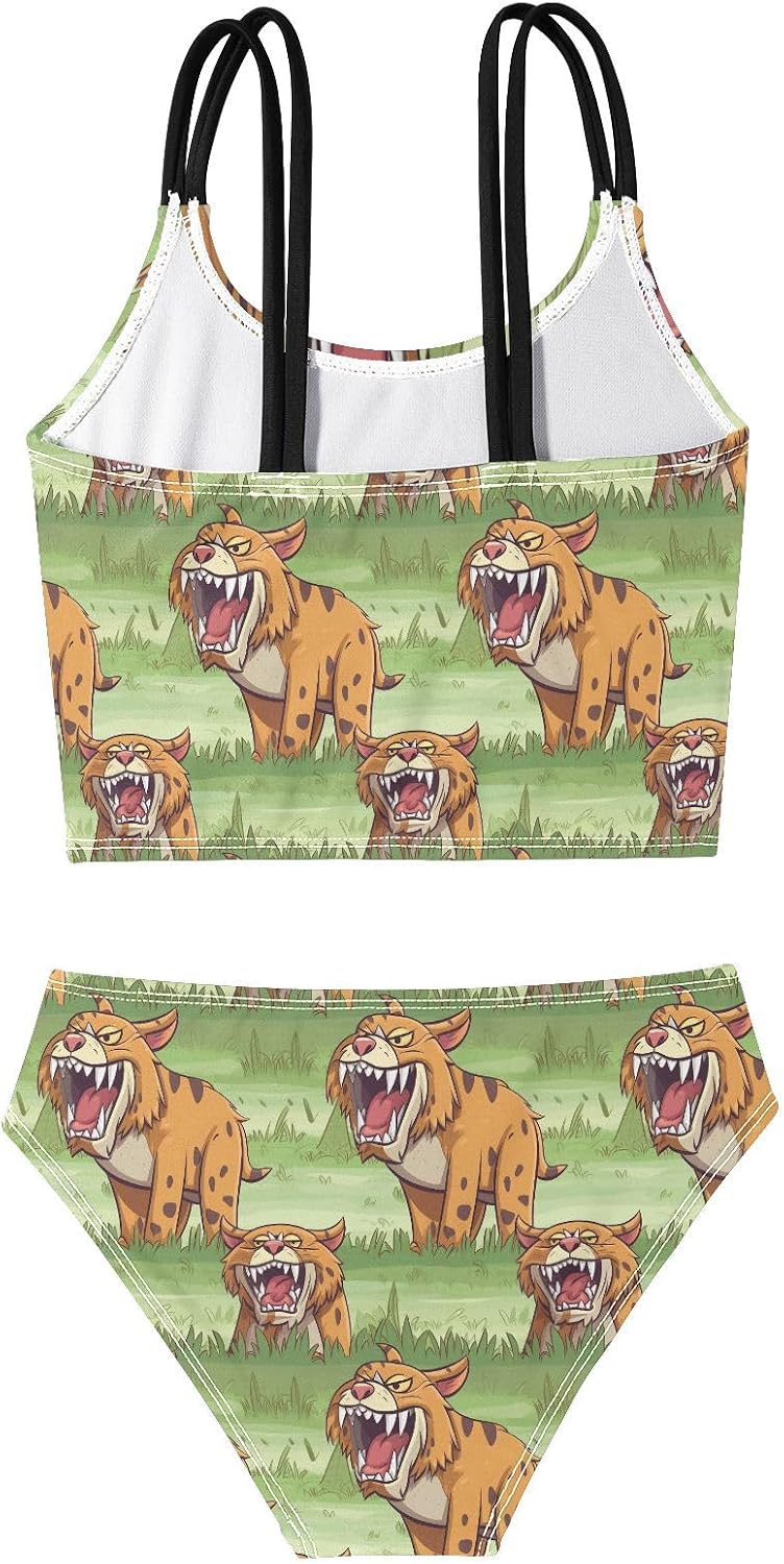 visesunny Girls Two Piece Swimsuits Fierce Ancient Tiger Girl's Bikini Sets Bathing Suits for Girls Size 5-12Y