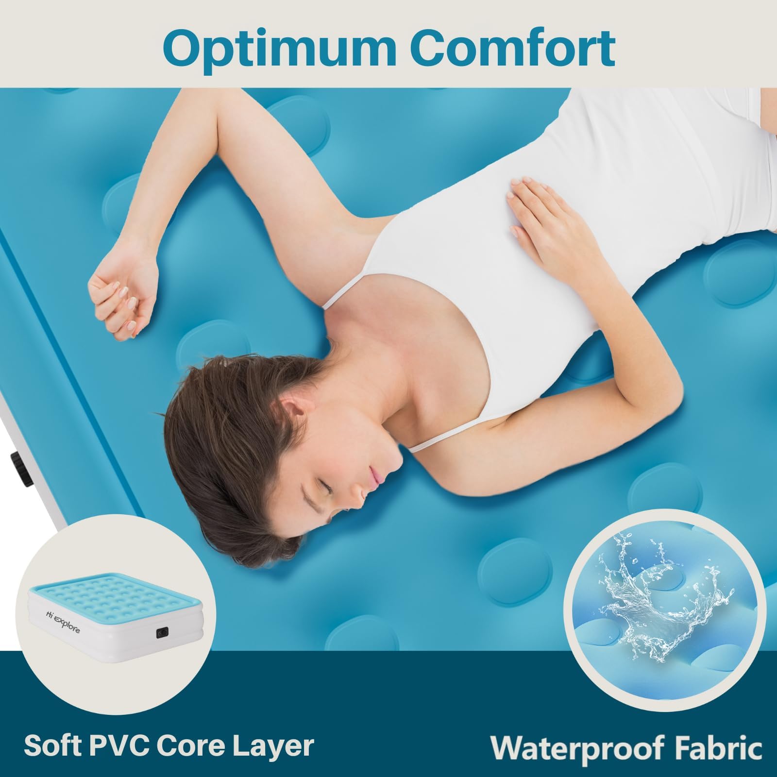 Hi Explore Air Mattress Queen with Built in Pump Raised, Comfort Plush Self Inflating Mattress, Inflatable Blow Up Mattress, Portable Airbed for Home, Guests, Camping(Light Blue, 18” Height)