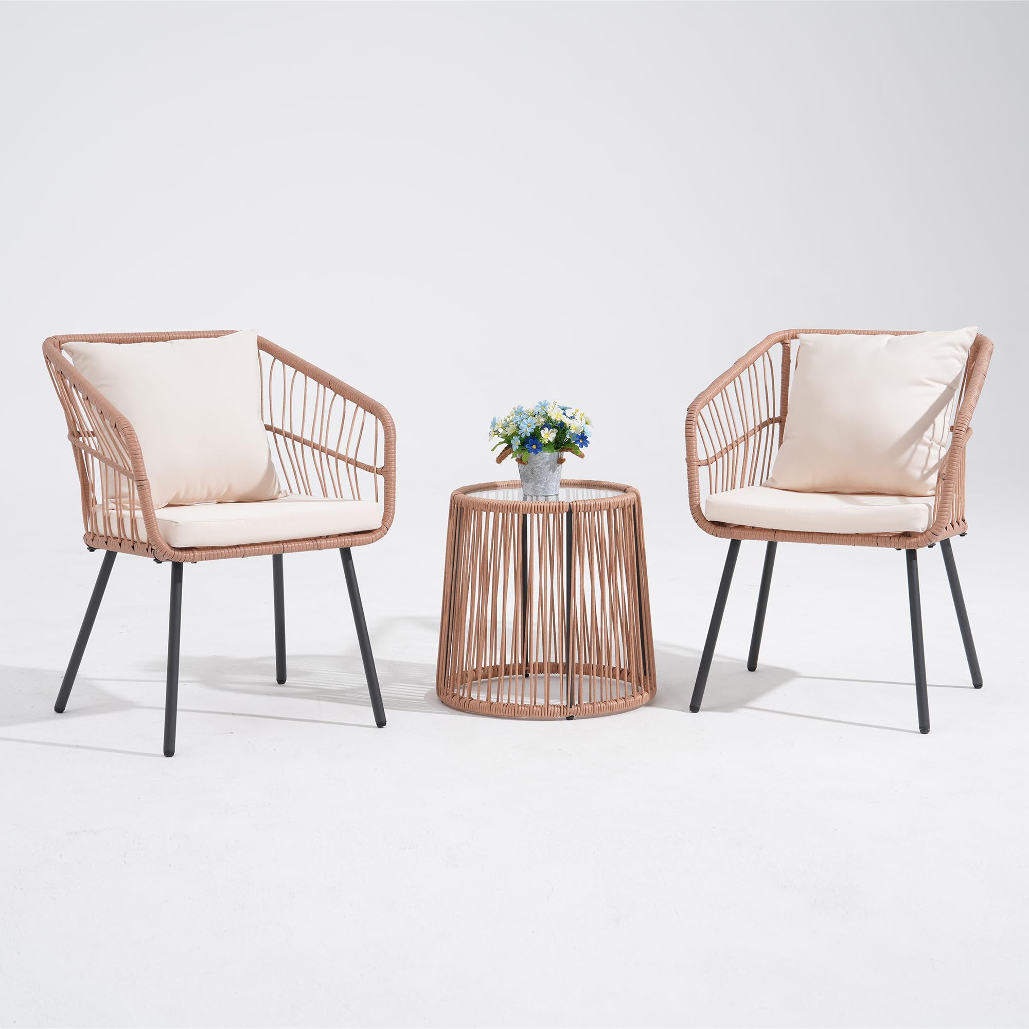 OC Orange-Casual Outdoor 3-TLG Balkon Set, Bistro Set, Rattan Gartenmöbel mit Kissen, Couchtisch mit Glastischplatte,Sitzgruppe für Garten, Balkon, Hinterhof, Natur