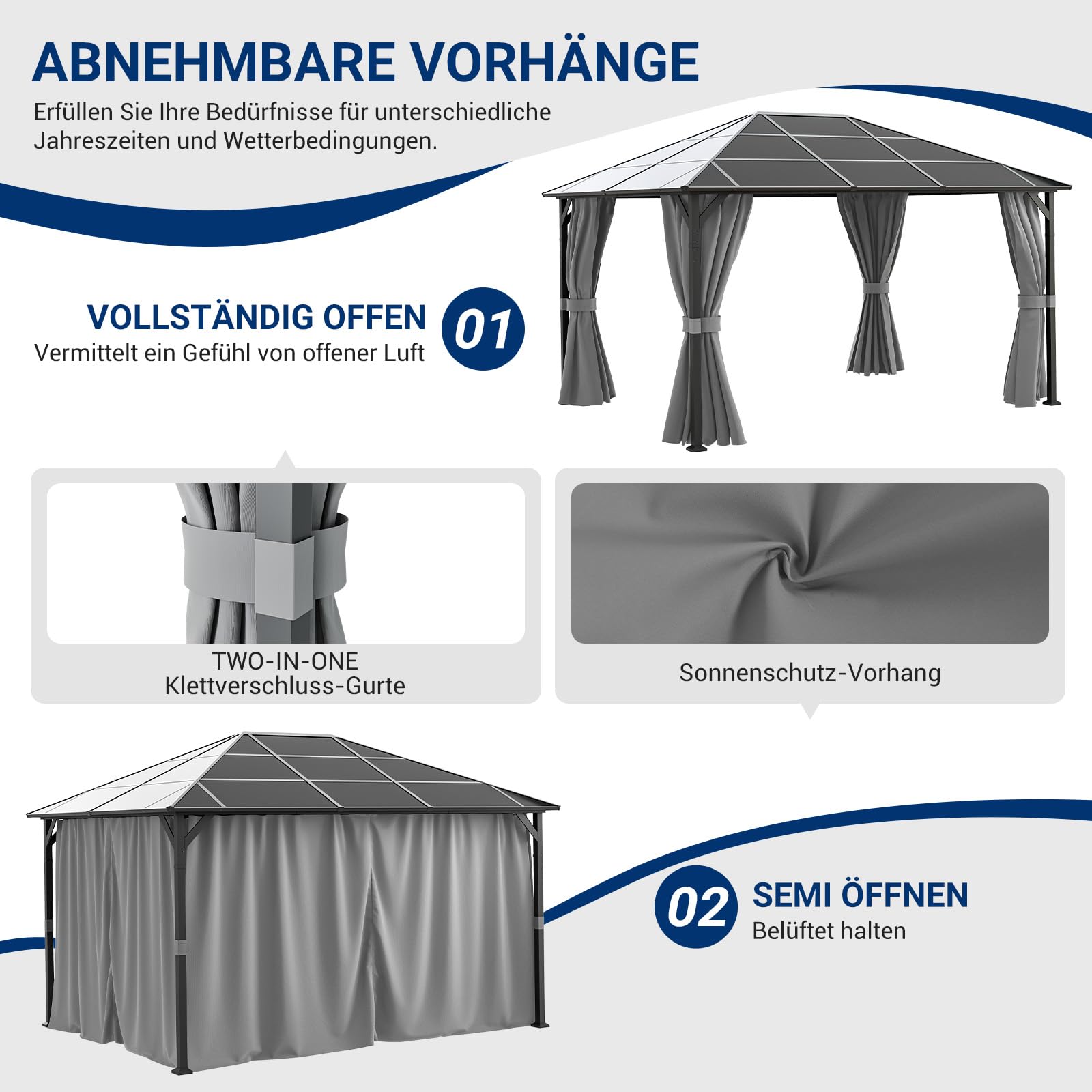 UDPATIO Carpa de policarbonato de 3 x 4 m con Cortinas, de Metall, Impermeable, Estable, Resistente al Invierno, protección UV, 6 x 6 cm, Postes Fuertes para jardín, terraza Gris