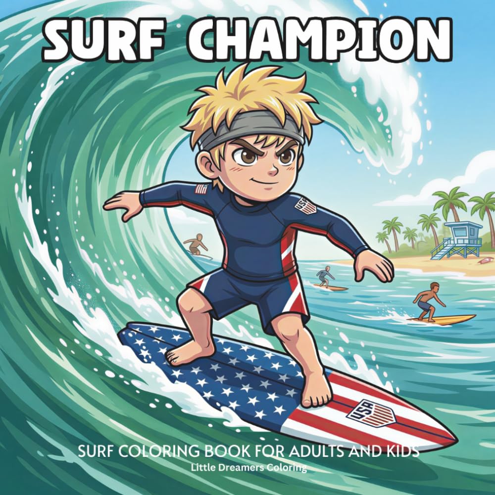 American Surf Champion: Surfing Coloring Book for Adults and Kids
