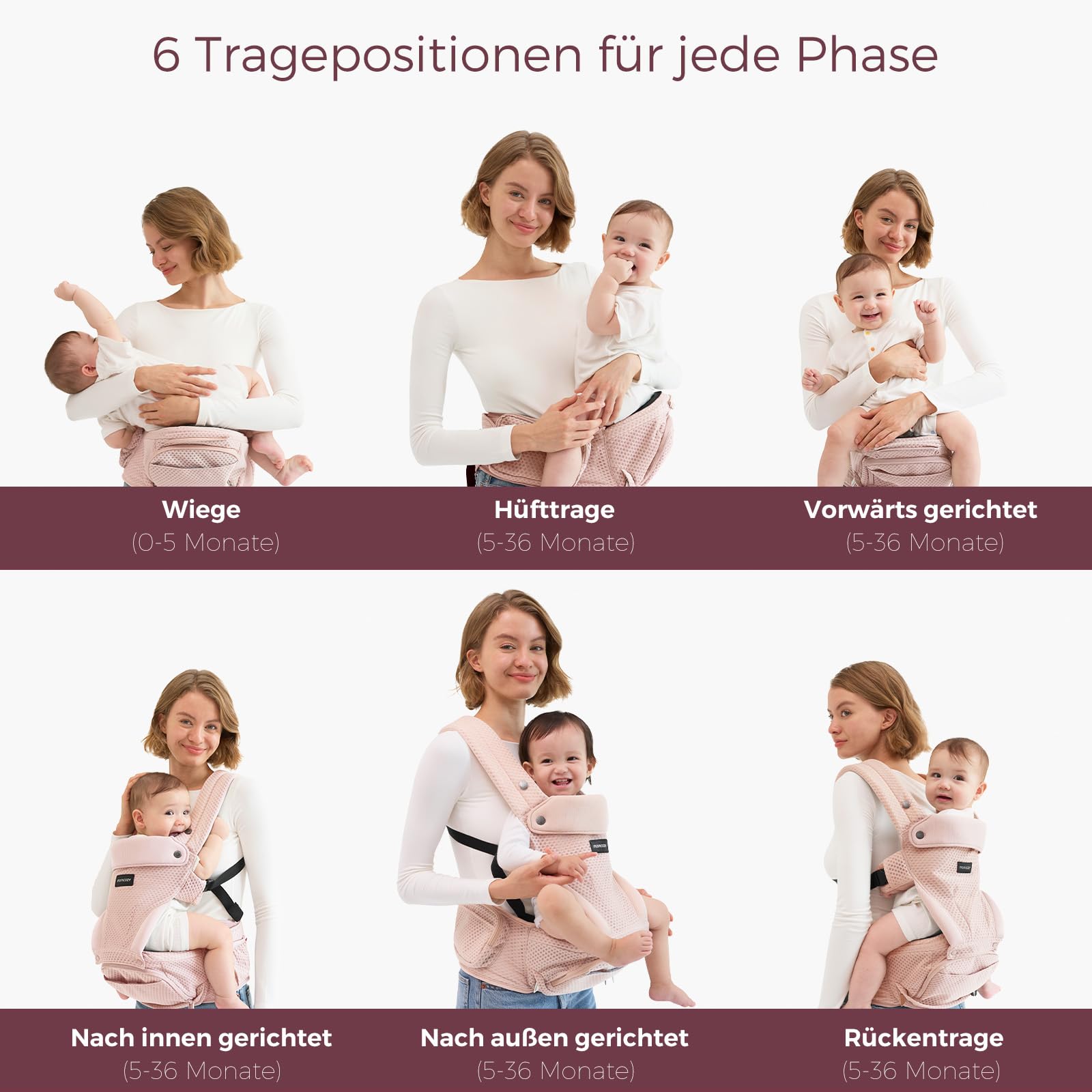 Momcozy Babytrage mit Hüftkissen 2-in-1 bis 20kg Rosa | 6 Tragepositionen, abnehmbarer Hüftsitz, 3D-Mesh, verstellbar bis 120cm