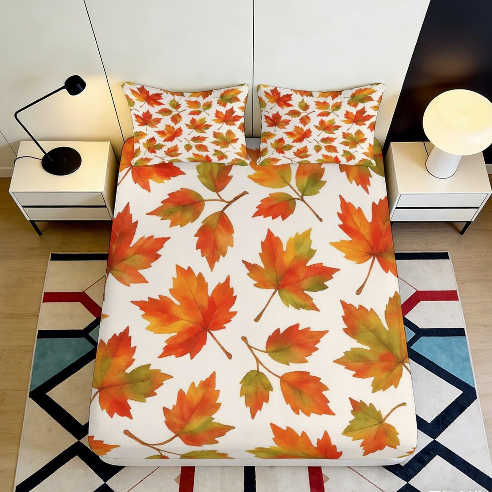 Pnayamiorkfel Style-6 3D Printed Autumn Maple Leaf Fitted Sheet Microfiber Soft Bed Cover Orange Green Pattern For Bedroom Guestroom Decor 90X200x25cm