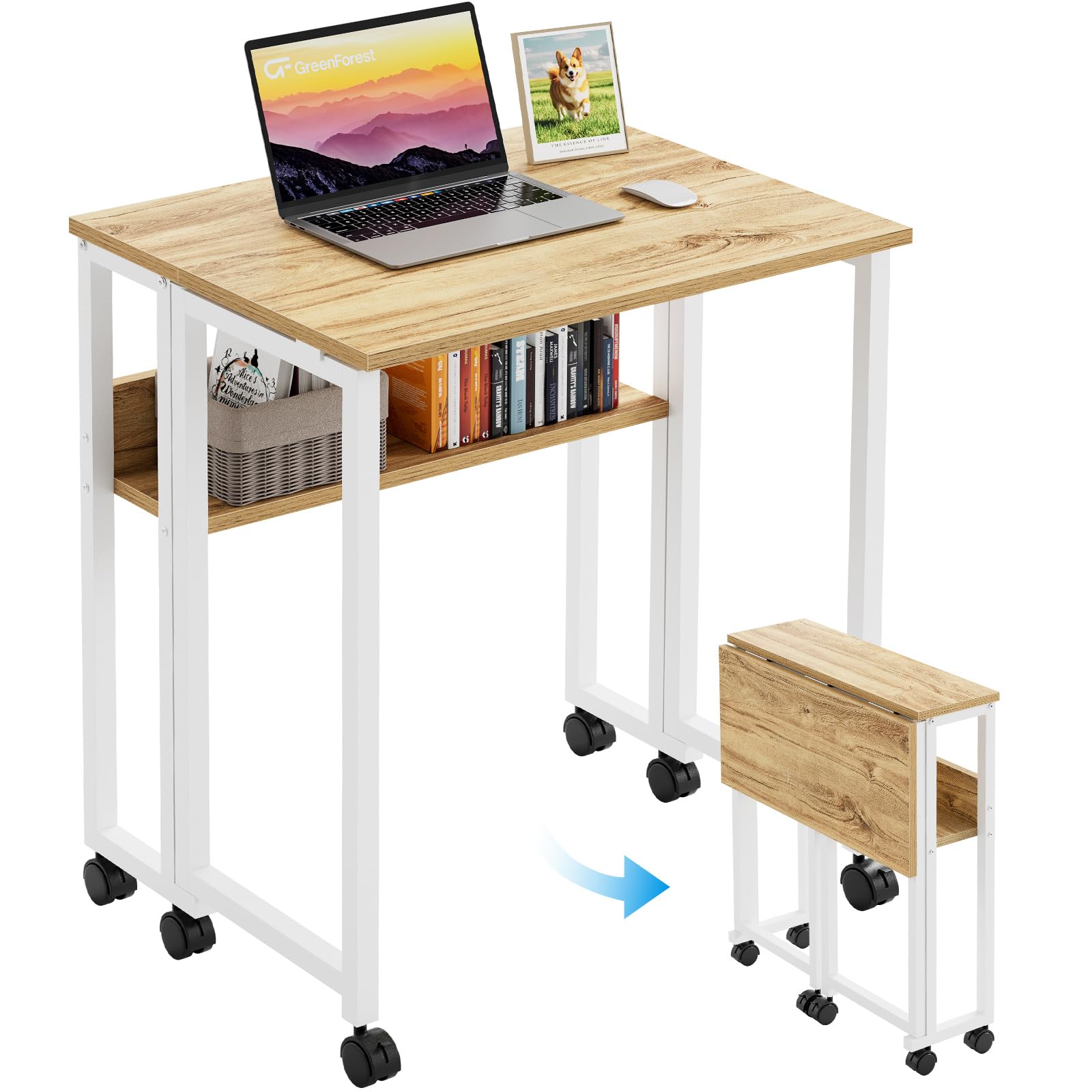 GreenForest Small Folding Desk with Storage Shelf,63 cm Computer Rolling Desk on Wheels Easy Assembly,Foldable desk for Small Space,Oak